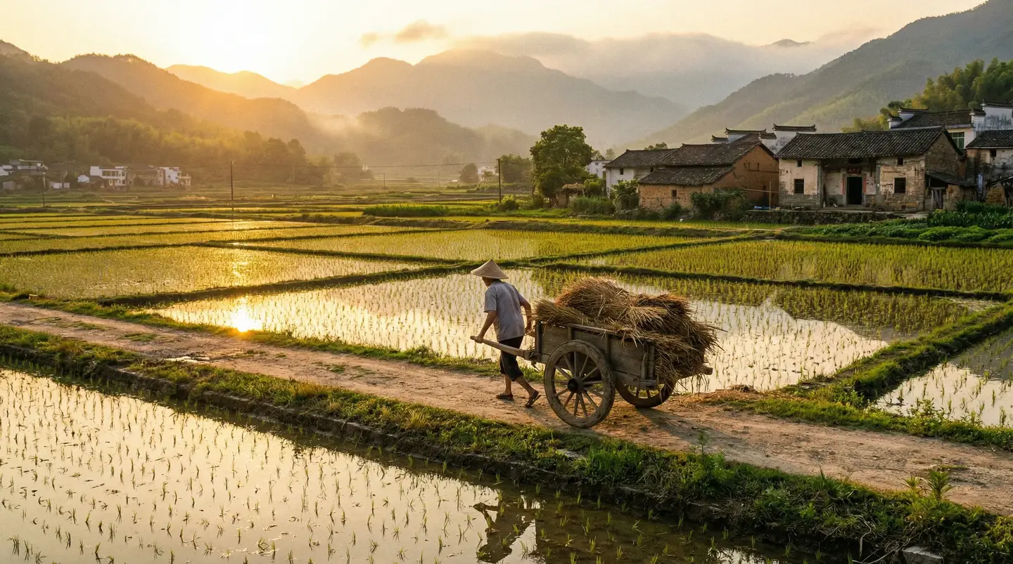 不良研究所地址 - 金色夕阳下的乡村田野，老农推着木车行走在田埂上