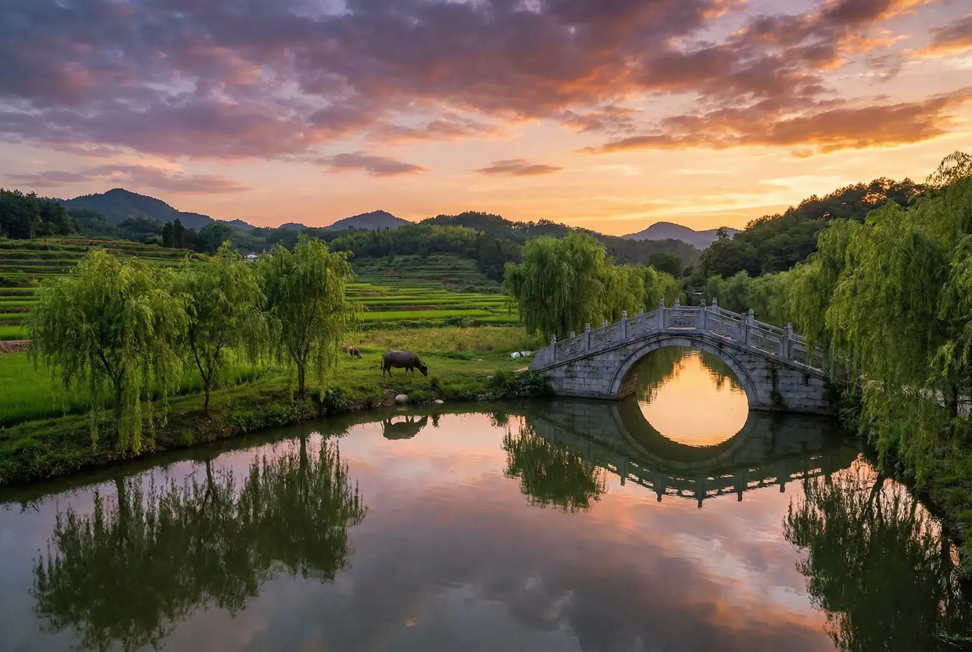 夕阳下的石拱桥与垂柳，水牛在河边吃草 - 不良研究所地址 乡村美景