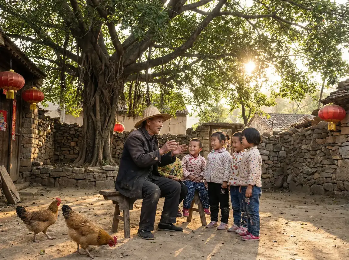 老人在大榕树下给孩子们讲故事 - 不良研究所地址 乡村记忆